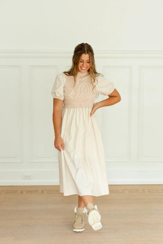 'Zora' Sweater Bodice Cotton Midi Dress in Natural Elegant Classic Vintage