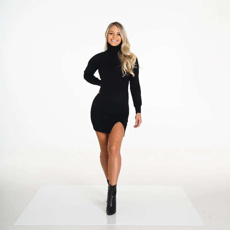 Black Forever Yours Sweater Dress Cable Knit Ribbed Knit Lace Knit