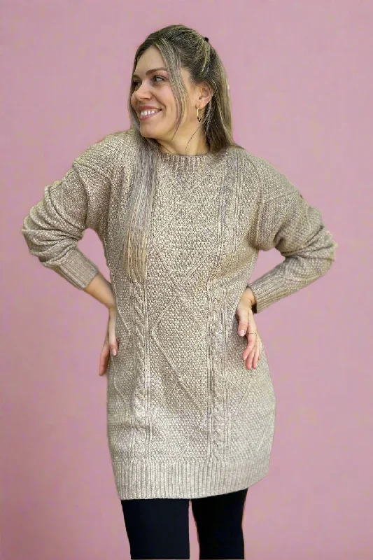 Cable Knit Sweater Dress Taupe Sequined Glittery Shiny