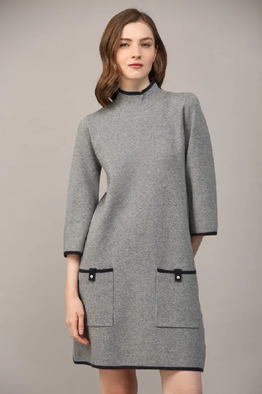 Contrast Color Knit Mock Neck Sweater Dress Grey Chenille Brocade Lace