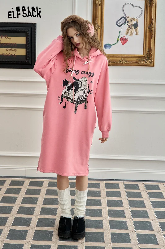 ELFSACK 2024 Winter New Arrivals White loose casual cartoon print sweater long dress for women Tailored Straight A-Line ELFSACK 2024 Winter New Arrivals White loose casual cartoon print sweater long dress for women Tailored Straight A-Line