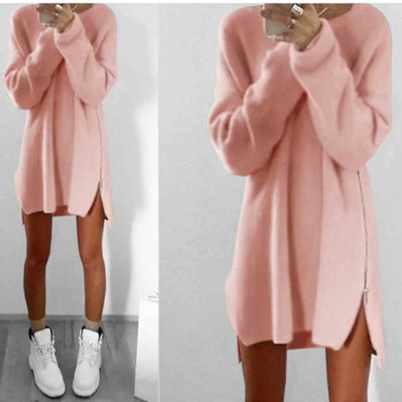 Fashion Women Long Sleeve Autumn Knitted Zippers Side Jumper Sweater Dress Loose Tunic Baggy Dresses New Graphic Sweater Embroidered Appliqued