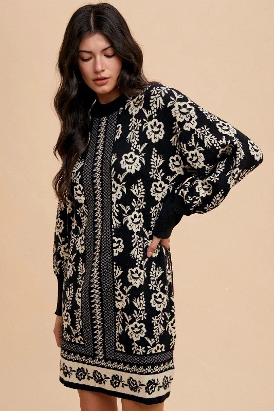 Jacquard  Sweater Dress Black Handmade Hand-knitted Hand-woven