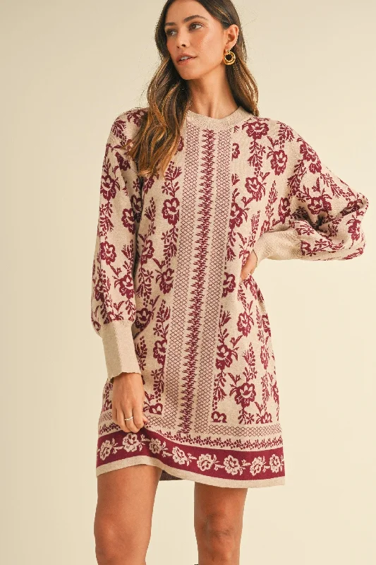 Jacquard  Sweater Dress Burgundy Herringbone Houndstooth Plaid