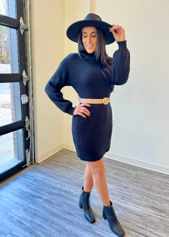 Now And Later Black Mock Neck Black Sweater Dress Stretchy Elastic Breathable