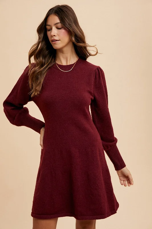 Puff Sleeve Solid Sweater Dress Burgundy Machine Wash Dry Clean Hand Wash