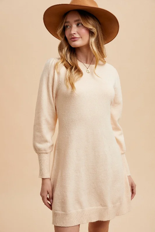 Puff Sleeve Solid Sweater Dress Cream Lightweight Heavyweight Midweight