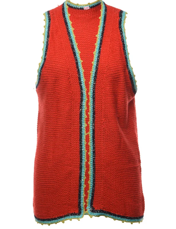 Red Sweater Vest - L Beaded Sweater Sequined Faux Fur