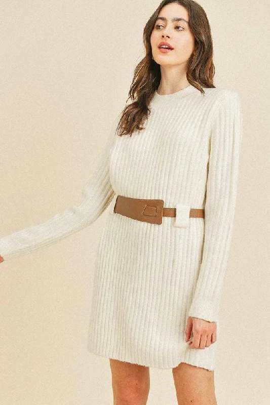 Belted Sweater Dress Welt Pockets Slit Pockets Flap Pockets