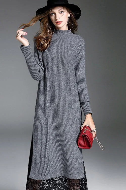 Sweater Dress W/ Lace Hem Mesh Sweater Canvas Denim