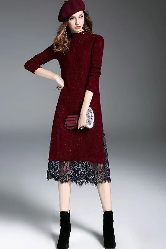 Sweater Dress W/ Lace Hem Spandex Rayon Corduroy