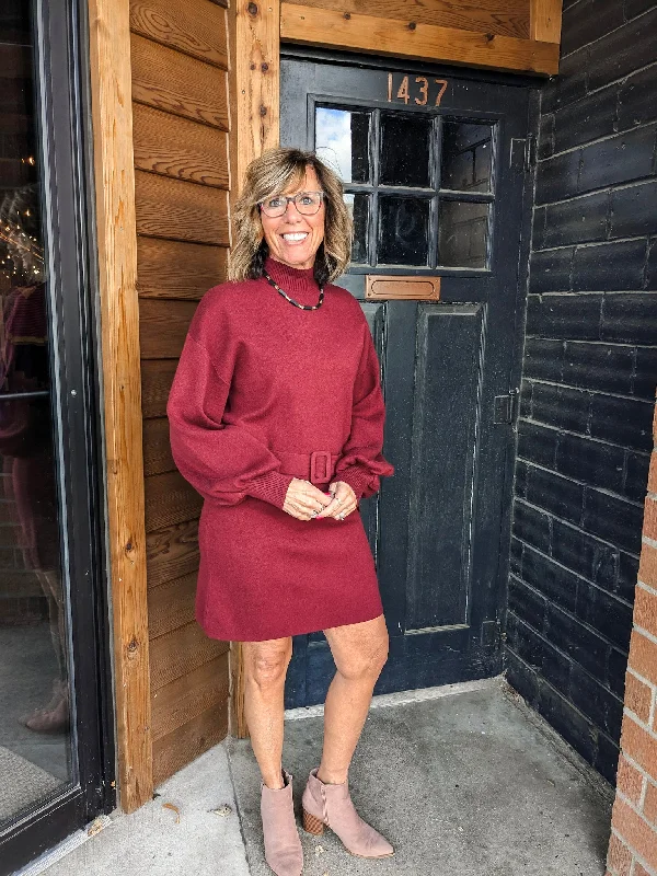 Tie Belt Sweater Dress - Wine Silk Blend Satin Velvet