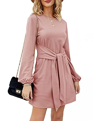Tobrief Women's Autumn Winter Long Lantern Sleeve Knitted Bodycon Tie Waist Pencil Sweater Dress Real Fur Shearling Chenille