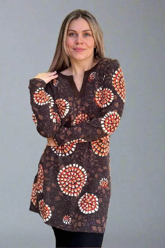 V-Neck Brown Print Sweater Dress Machine Wash Dry Clean Hand Wash