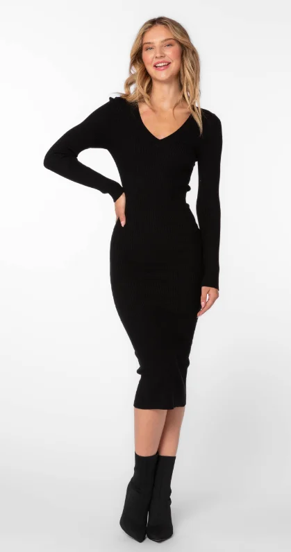 Veronica V Neck Long Sleeve Midi Sweater Dress Ribbed Striped Patterned