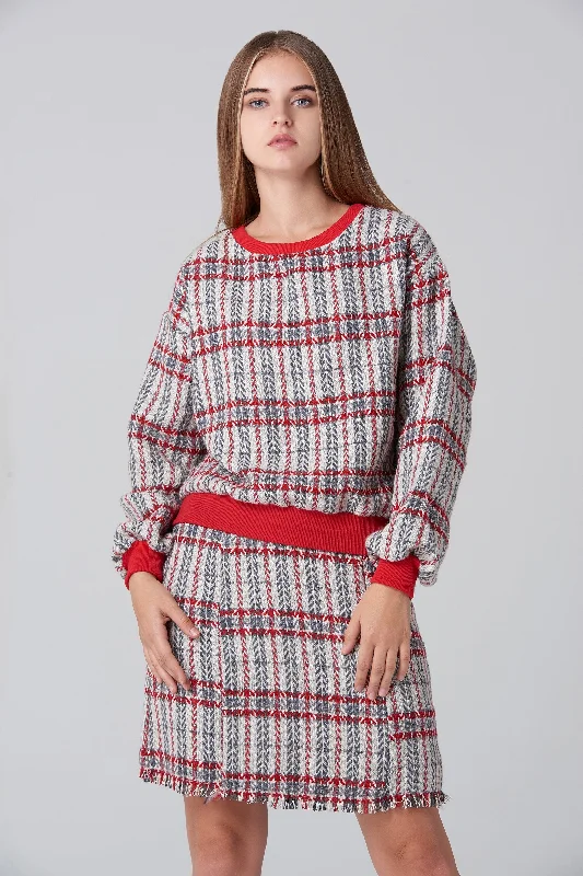 White Tartan Sweater and Skirt Set Silk Blend Satin Velvet